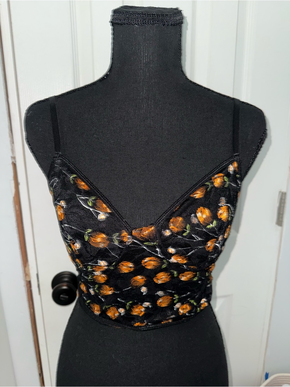 Black Crop Cami with Orange Floral Embroidery